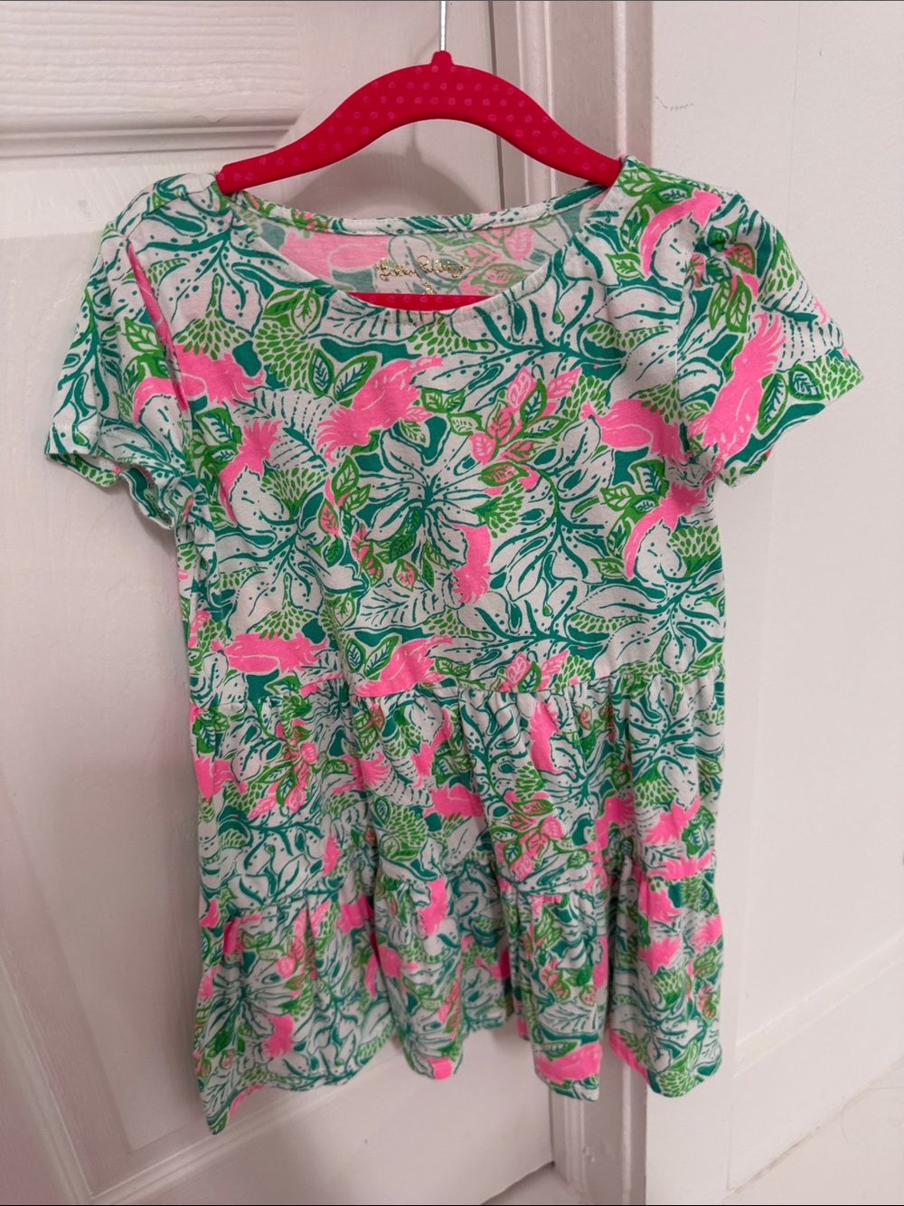Lilly Pulitzer Girls Floral Short Sleeve Dress in Neon Pink & Green
